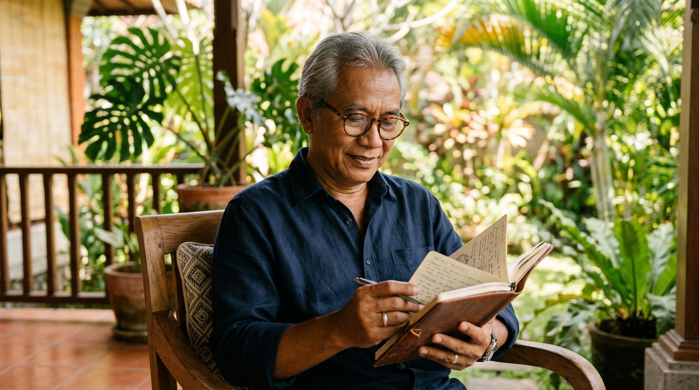 Pria matang membaca dengan nyaman menggunakan kacamata baca